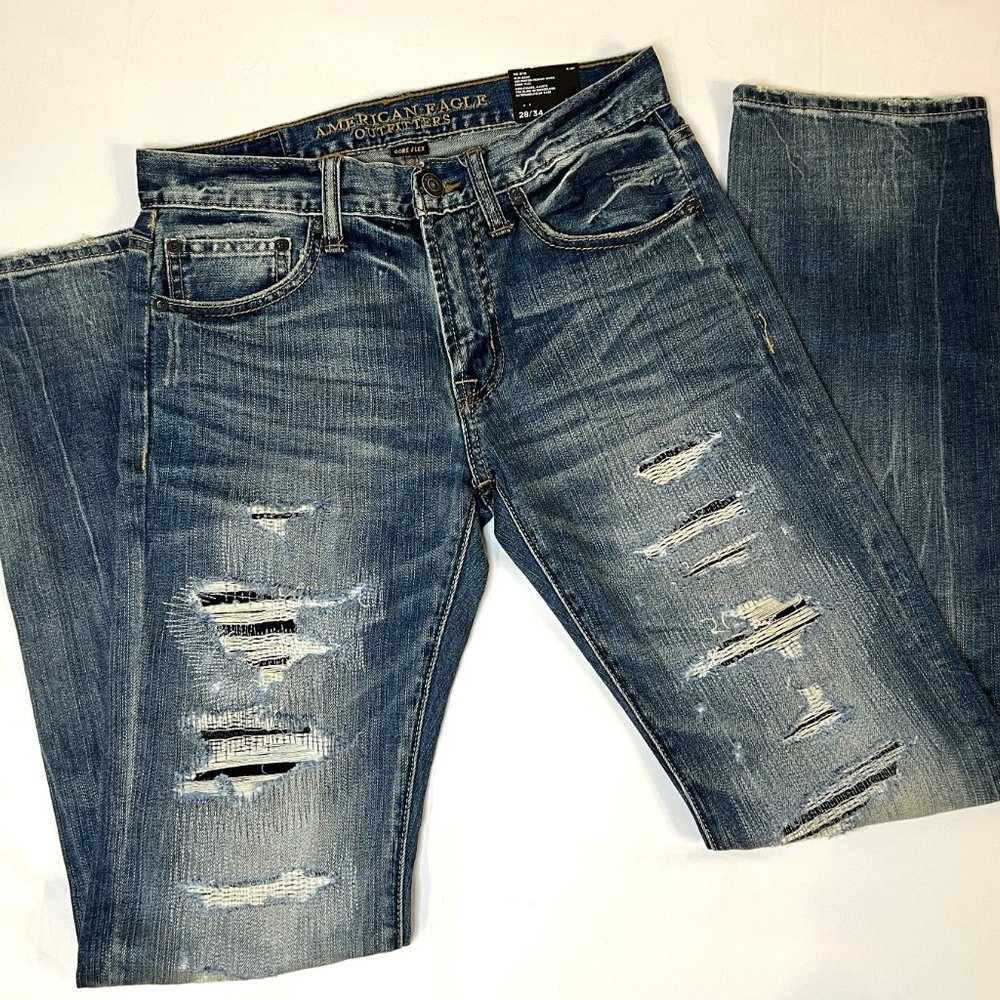 American Eagle Slim Boot Destroyed Medium Wash Core Flex Jeans 28/34 NWT